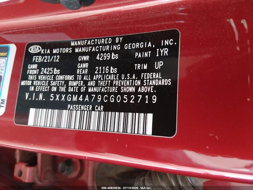 2012 KIA OPTIMA SEDAN 2.4L I-4 DI, DOHC, VVT, 200HP