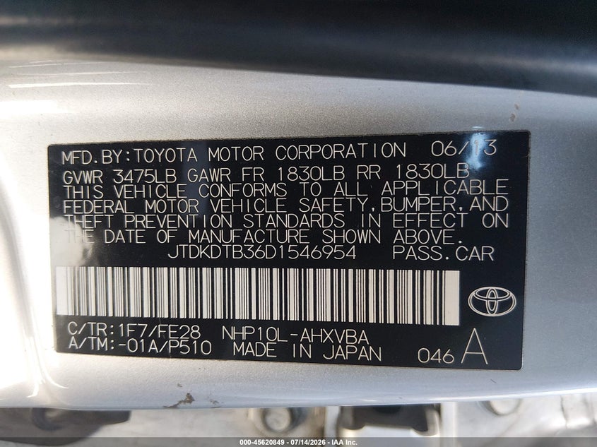 2013 Toyota Prius C One VIN: JTDKDTB36D1546954 Lot: 45620849