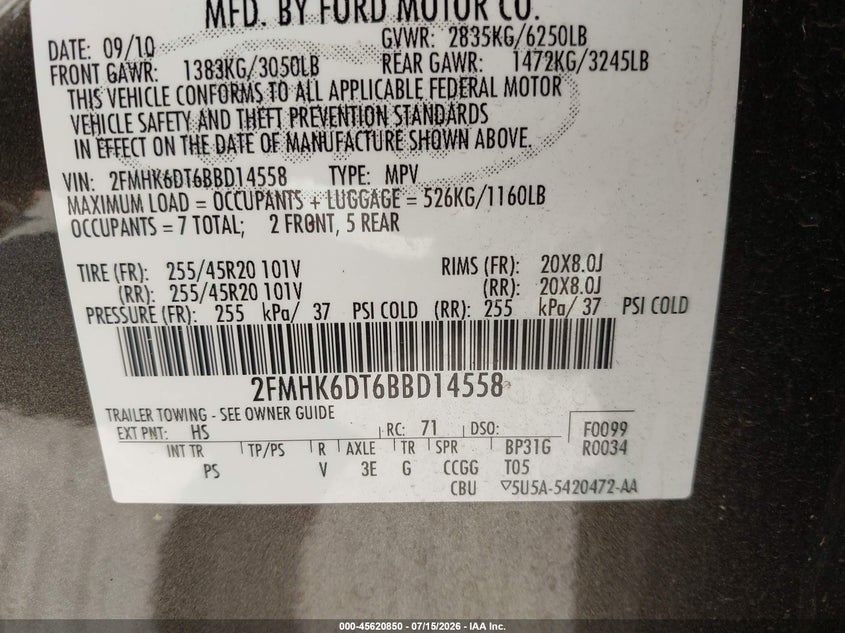 2011 Ford Flex Limited VIN: 2FMHK6DT6BBD14558 Lot: 45620850