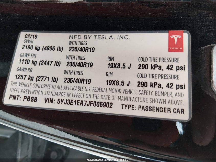 2018 TESLA MODEL 3 auction photo 8