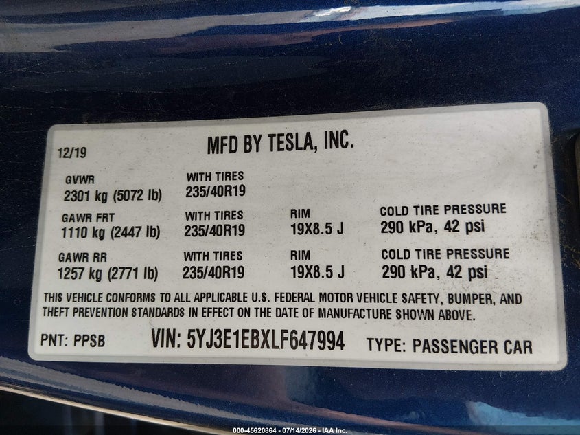 2020 Tesla Model 3 Long Range Dual Motor All-Wheel Drive VIN: 5YJ3E1EBXLF647994 Lot: 45620864
