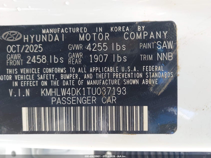 2026 Hyundai Elantra N VIN: KMHLW4DK1TU037193 Lot: 45620901