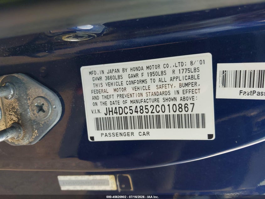 2002 Acura Rsx VIN: JH4DC54852C010867 Lot: 45620902