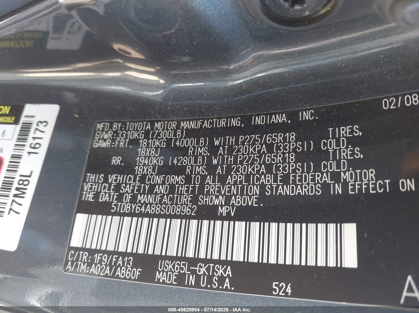 2008 Toyota Sequoia Sr5 5.7L V8 VIN: 5TDBY64A88S008962 Lot: 45620954