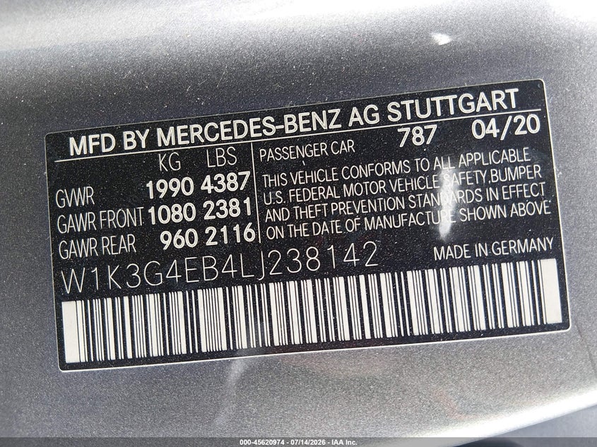 2020 Mercedes-Benz A 220 VIN: W1K3G4EB4LJ238142 Lot: 45620974