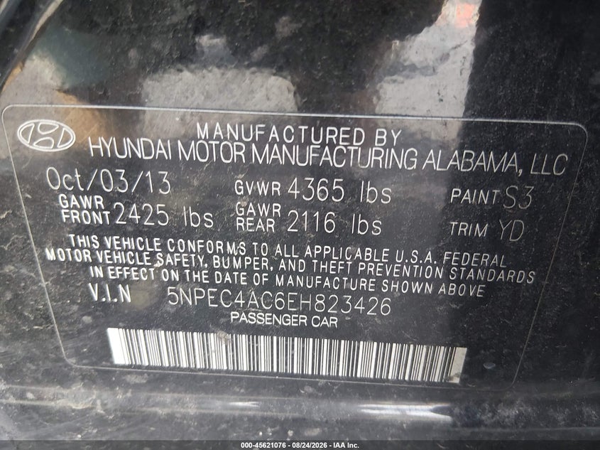2014 HYUNDAI SONATA SEDAN 2.4L I-4 DI, DOHC, VVT, 190HP