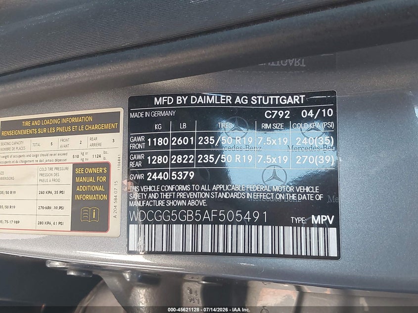 2010 Mercedes-Benz Glk 350 VIN: WDCGG5GB5AF505491 Lot: 45621128
