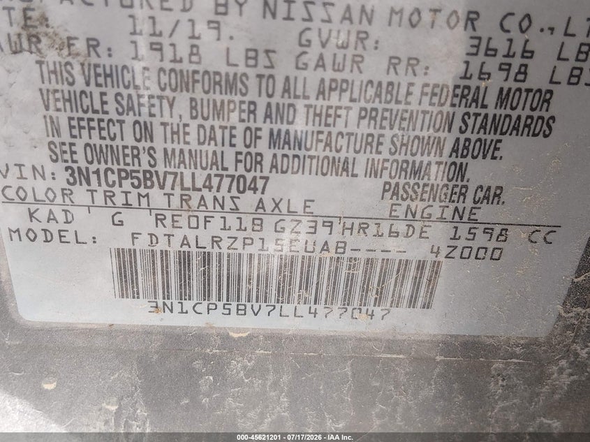 2020 Nissan Kicks S Xtronic Cvt VIN: 3N1CP5BV7LL477047 Lot: 45621201
