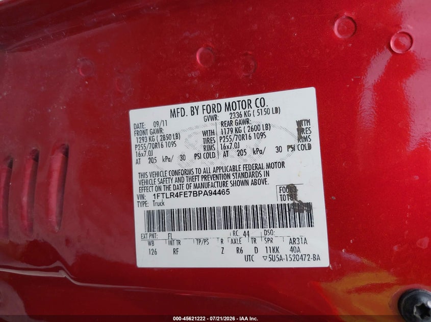 2011 Ford Ranger Xlt VIN: 1FTLR4FE7BPA94465 Lot: 45621222