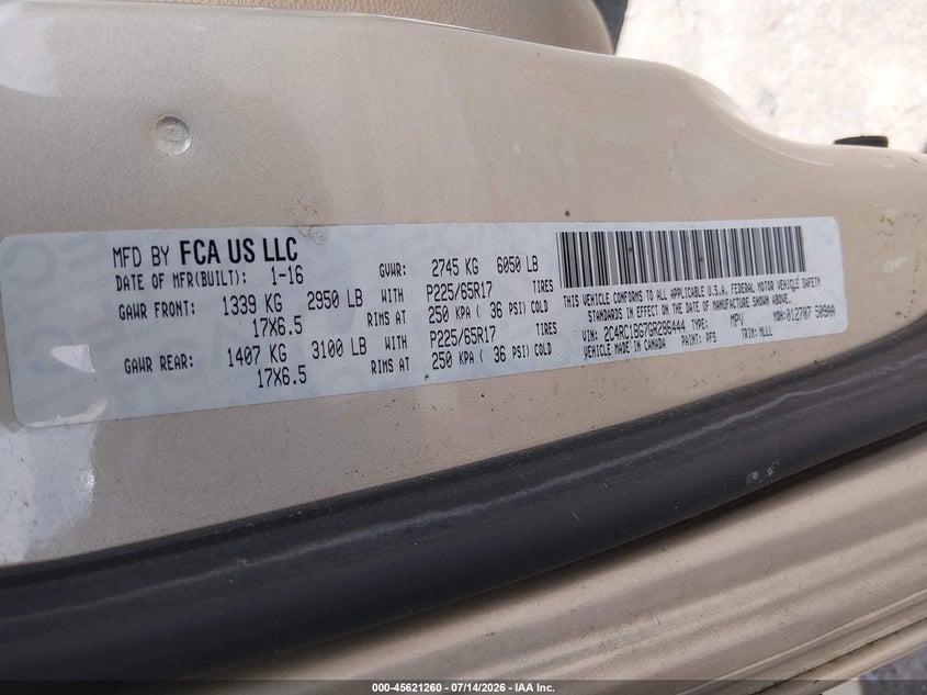 2016 Chrysler Town & Country Touring VIN: 2C4RC1BG7GR286444 Lot: 45621260