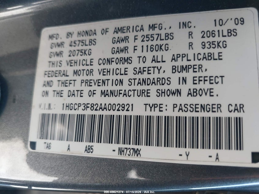 2010 Honda Accord 3.5 Ex-L VIN: 1HGCP3F82AA002921 Lot: 45621274