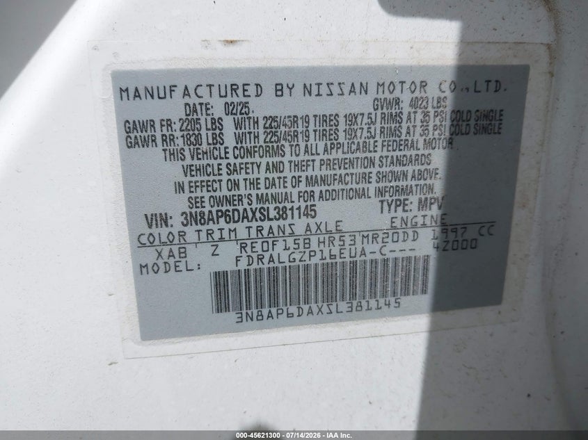 2025 Nissan Kicks Sr Fwd VIN: 3N8AP6DAXSL381145 Lot: 45621300