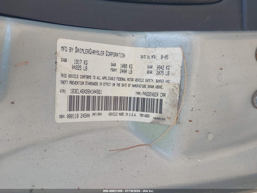 2006 Dodge Stratus Sxt VIN: 1B3EL46X26N104561 Lot: 45621309