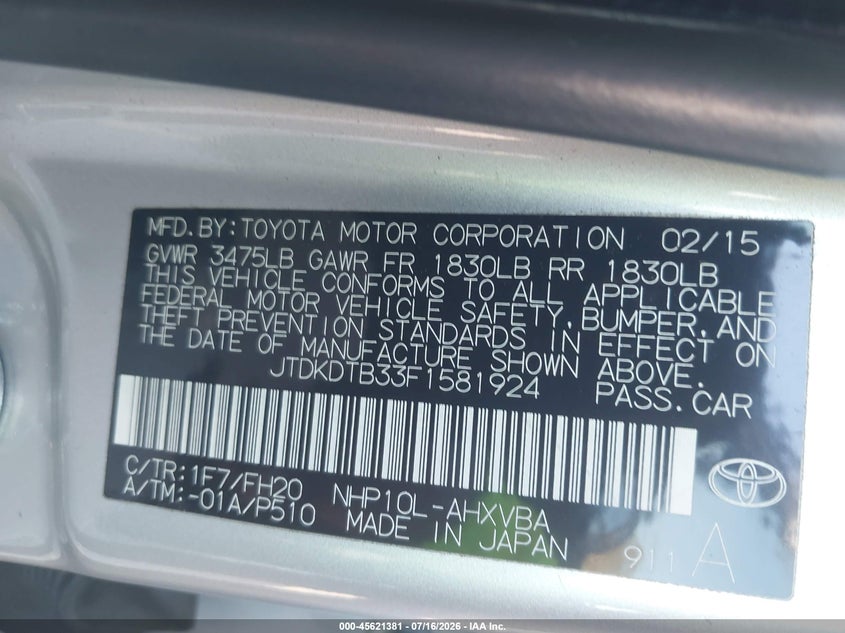 2015 Toyota Prius C One VIN: JTDKDTB33F1581924 Lot: 45621381