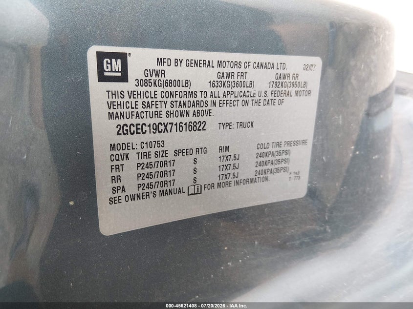 2007 Chevrolet Silverado 1500 Lt1 VIN: 2GCEC19CX71616822 Lot: 45621408