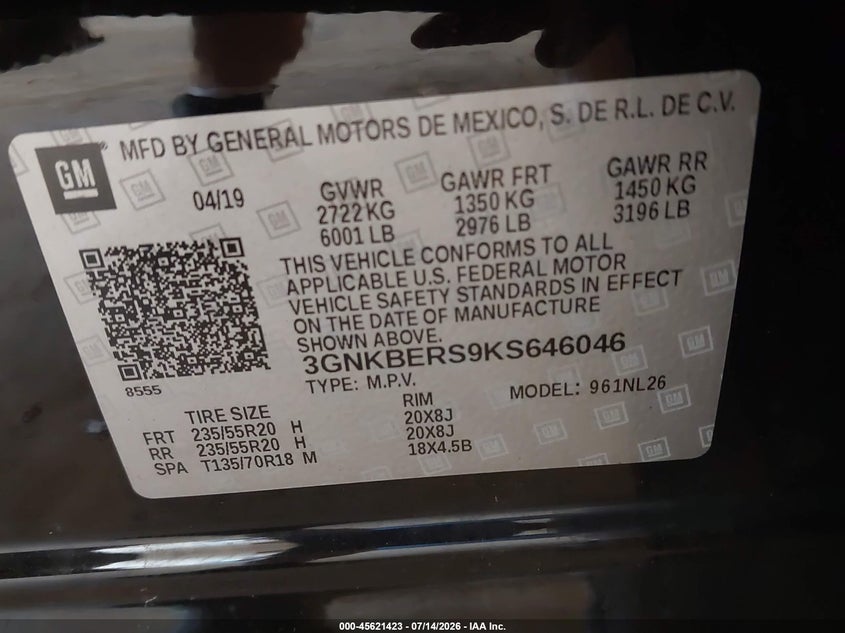 2019 Chevrolet Blazer Rs VIN: 3GNKBERS9KS646046 Lot: 45621423