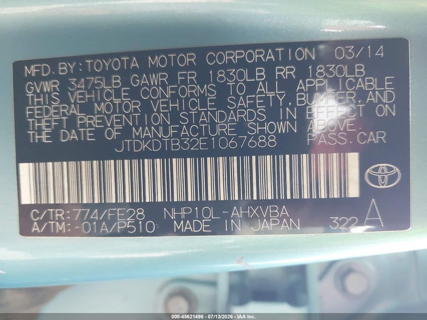 2014 Toyota Prius C One VIN: JTDKDTB32E1067688 Lot: 45621496