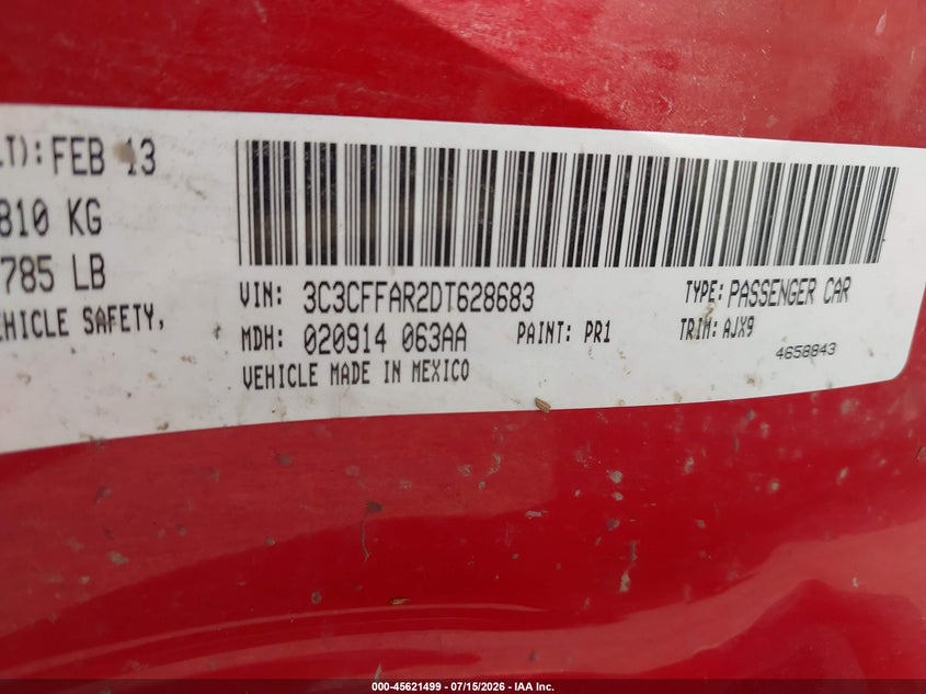 2013 Fiat 500 Pop VIN: 3C3CFFAR2DT628683 Lot: 45621499