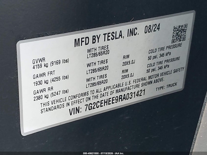 2024 Tesla Cybertruck Cyberbeast VIN: 7G2CEHEE9RA031421 Lot: 45621500