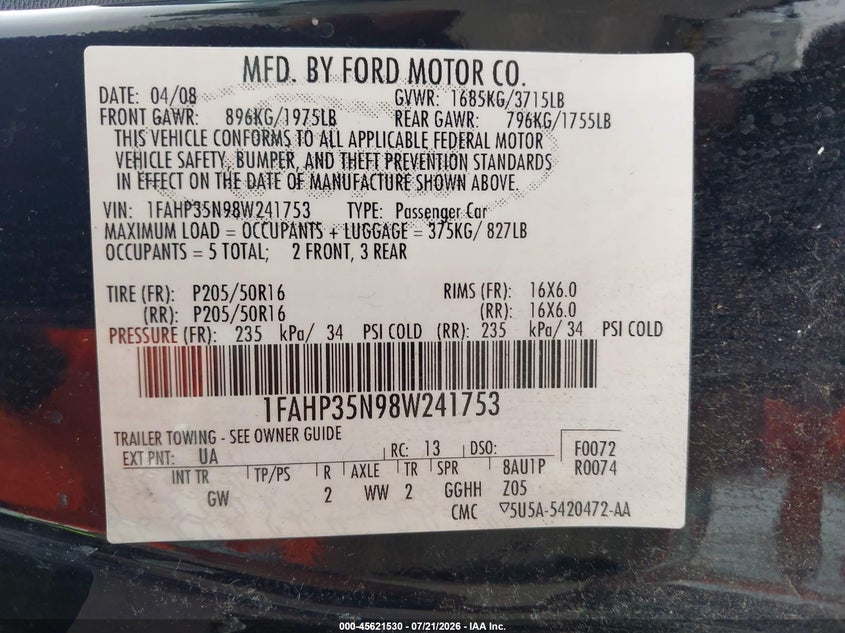 2008 Ford Focus Se/Ses VIN: 1FAHP35N98W241753 Lot: 45621530