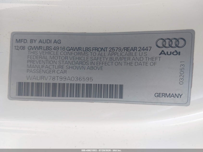 2009 Audi S5 4.2L VIN: WAURV78T99A036595 Lot: 45621553
