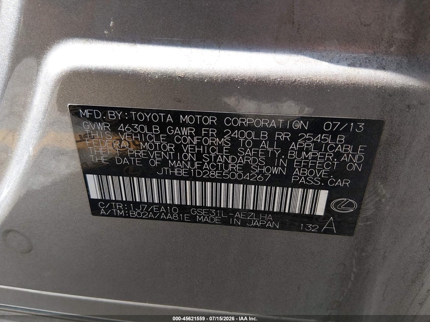 2014 Lexus Is 350 VIN: JTHBE1D28E5004267 Lot: 45621559