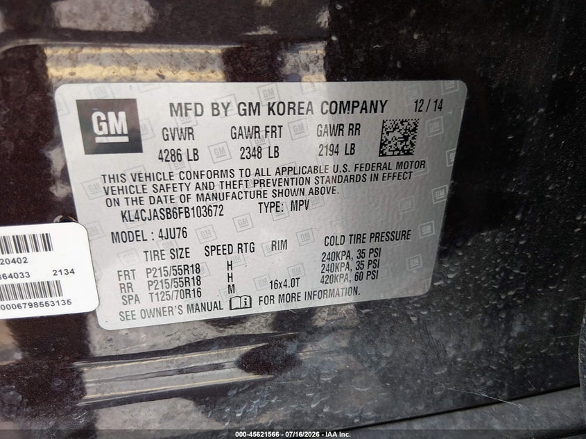 2015 Buick Encore VIN: KL4CJASB6FB103672 Lot: 45621566