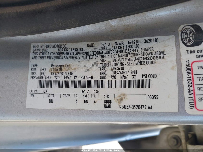 2013 Ford Fiesta Se VIN: 3FADP4EJ4DM200894 Lot: 45621578