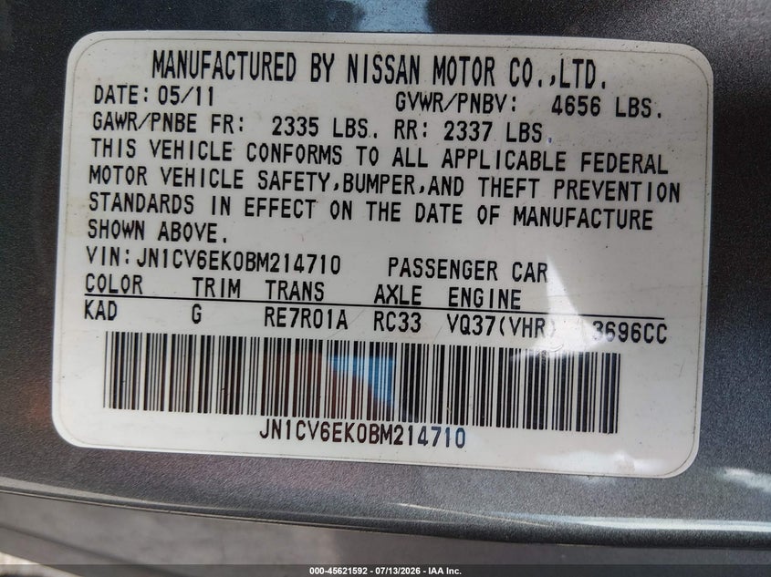 2011 Infiniti G37 Journey VIN: JN1CV6EK0BM214710 Lot: 45621592