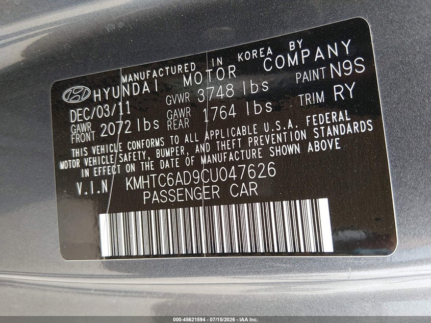2012 Hyundai Veloster Base W/Black VIN: KMHTC6AD9CU047626 Lot: 45621594