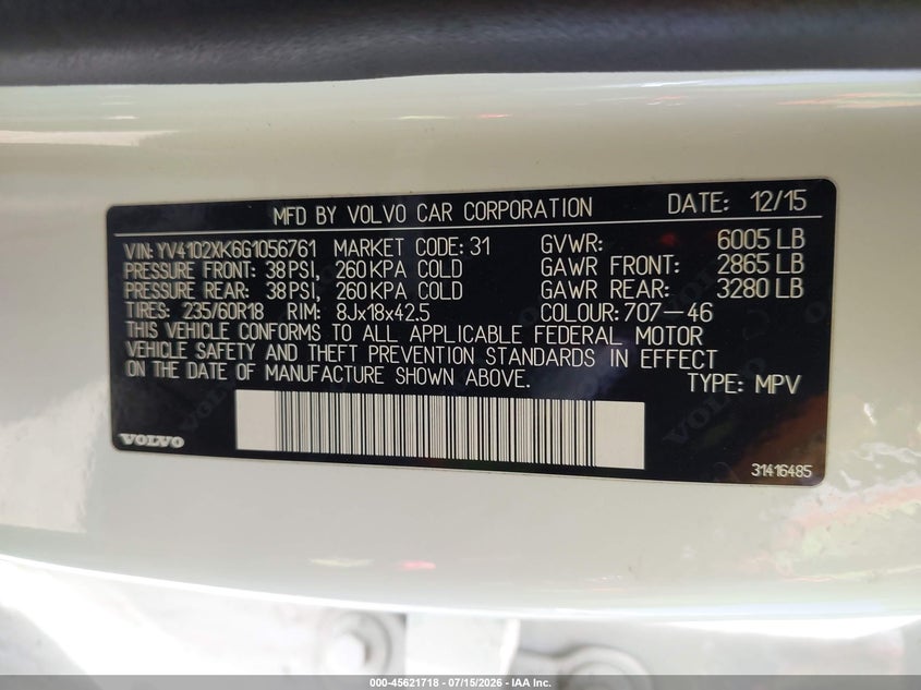 2016 Volvo Xc90 T5 Momentum VIN: YV4102XK6G1056761 Lot: 45621718