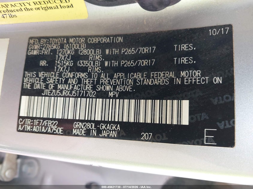 2018 Toyota 4Runner Sr5 VIN: JTEZU5JRXJ5171702 Lot: 45621738