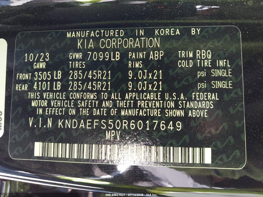 2024 Kia Ev9 Gt-Line VIN: KNDAEFS50R6017649 Lot: 45621821