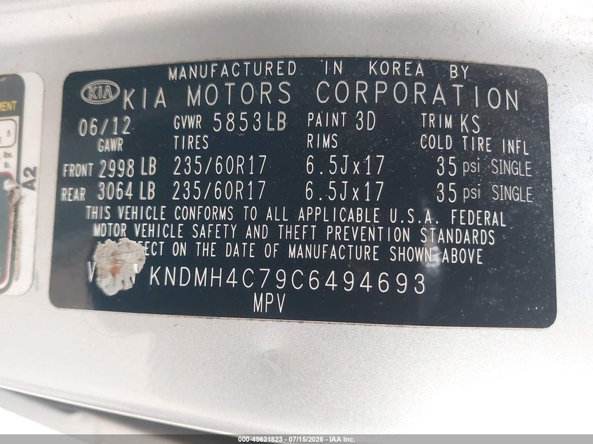 2012 Kia Sedona Ex VIN: KNDMH4C79C6494693 Lot: 45621823