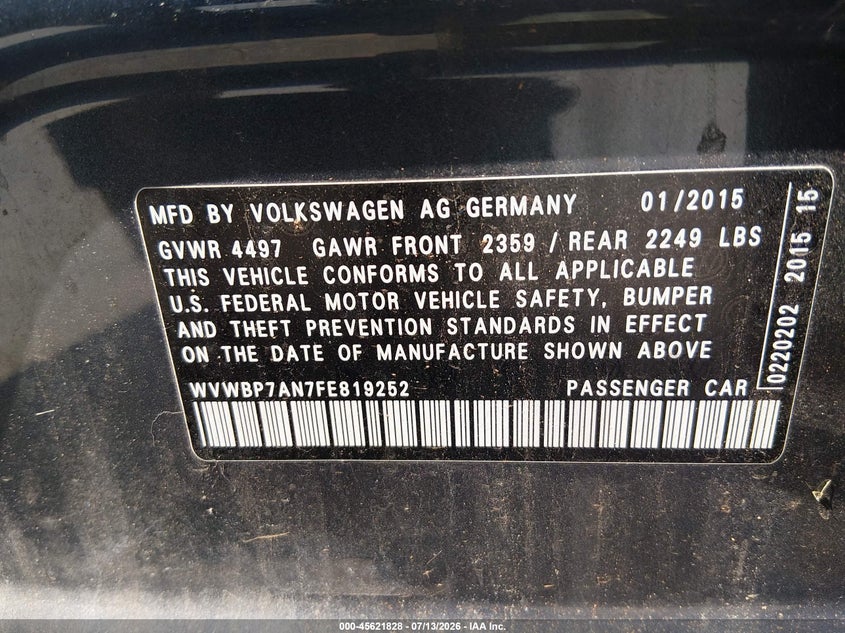 2015 Volkswagen Cc 2.0T Sport VIN: WVWBP7AN7FE819252 Lot: 45621828