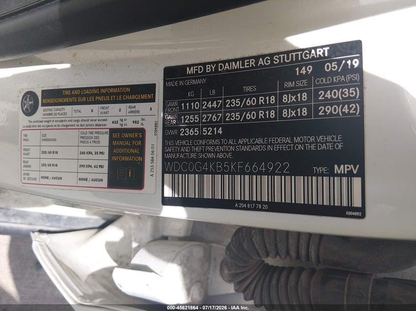 MERCEDES-BENZ GLC 300 2019 VIN WDC0G4KB5KF664922