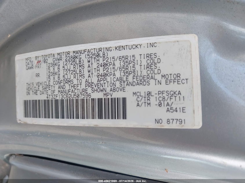 2002 Toyota Sienna Le VIN: 4T3ZF13C62U507596 Lot: 45621869