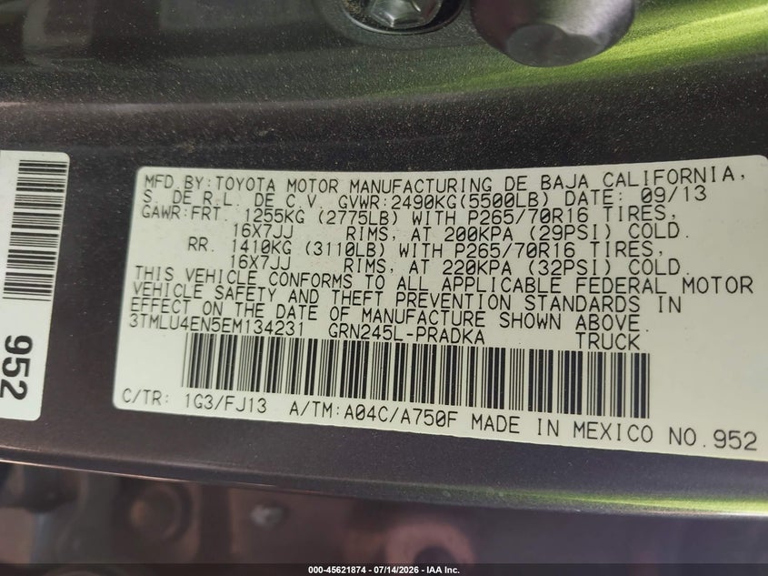 TOYOTA TACOMA 2014 VIN 3TMLU4EN5EM134231