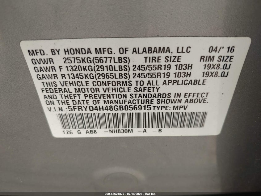 2016 Acura Mdx Technology Acurawatch Plus Packages/Technology Package VIN: 5FRYD4H48GB056915 Lot: 45621877