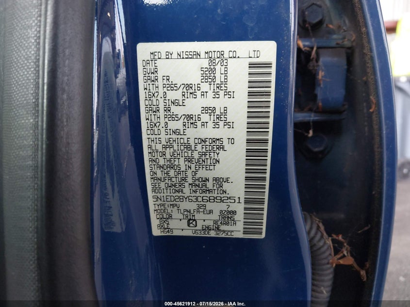 2003 Nissan Xterra Se VIN: 5N1ED28Y63C689251 Lot: 45621912