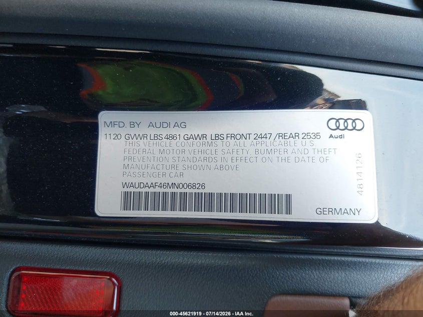 2021 Audi A4 Premium 45 Tfsi S Line Quattro S Tronic VIN: WAUDAAF46MN006826 Lot: 45621919