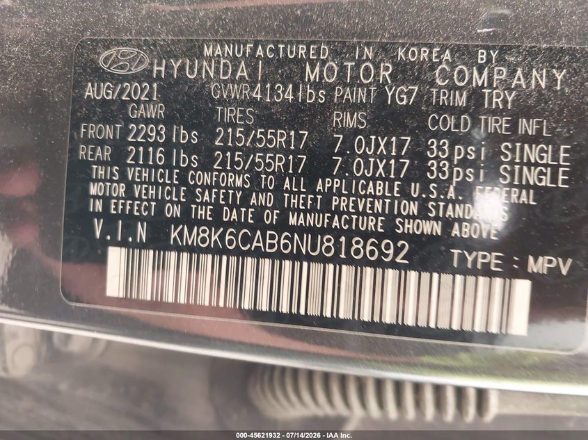 2022 Hyundai Kona Sel VIN: KM8K6CAB6NU818692 Lot: 45621932