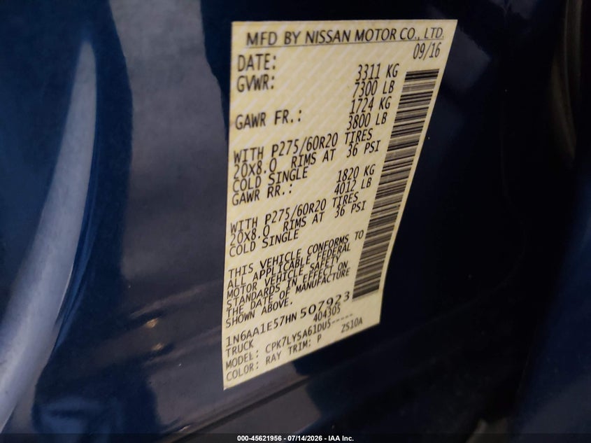 2017 Nissan Titan Platinum Reserve VIN: 1N6AA1E57HN507923 Lot: 45621956