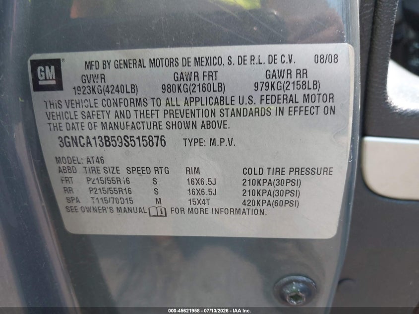 2009 Chevrolet Hhr Ls VIN: 3GNCA13B59S515876 Lot: 45621958