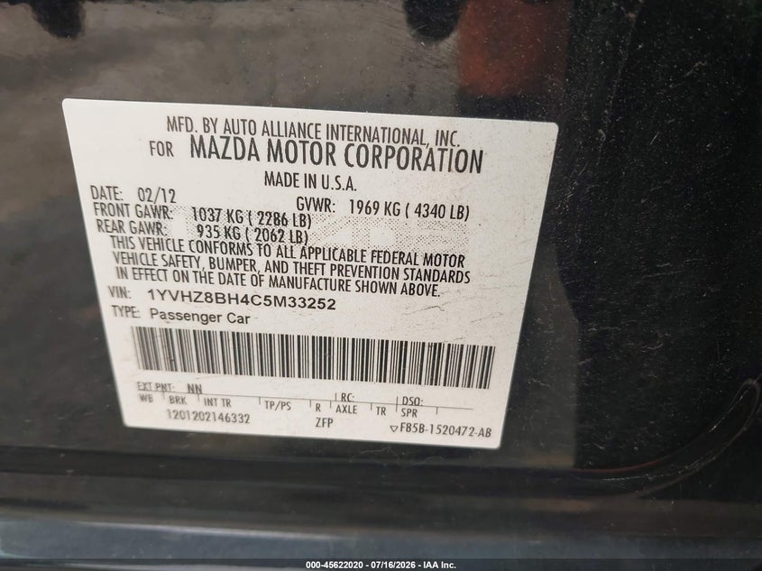 MAZDA MAZDA6 2012 VIN 1YVHZ8BH4C5M33252