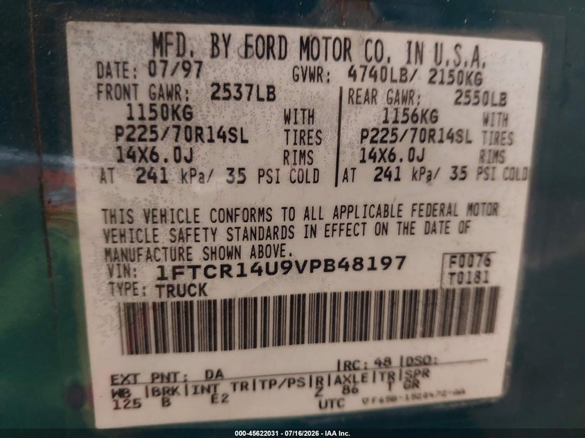 1997 Ford Ranger Splash/Xl/Xlt VIN: 1FTCR14U9VPB48197 Lot: 45622031