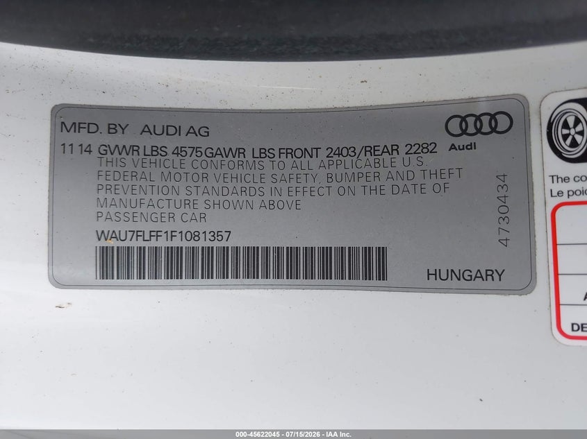 2015 Audi A3 2.0T Premium VIN: WAU7FLFF1F1081357 Lot: 45622045