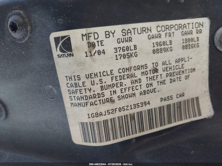 2005 Saturn Ion 2 VIN: 1G8AJ52F05Z135394 Lot: 45622044