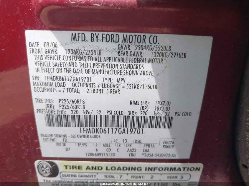2007 Ford Freestyle Limited VIN: 1FMDK06117GA19701 Lot: 45622049