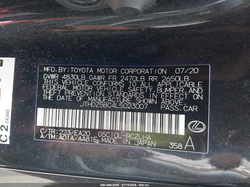 2020 Lexus Rc 350 VIN: JTHDZ5BC4L5023007 Lot: 45622056